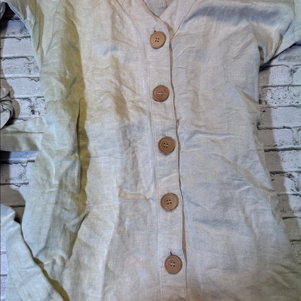 NWT MNG Mango womens 4 beige solid linen blue button up jumpsuit NWT